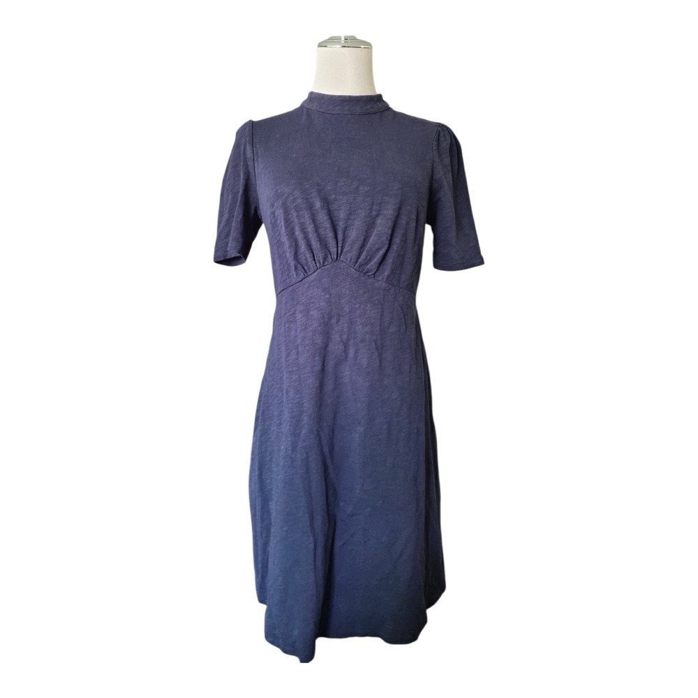 Boden Navy Blue Cotton Mock Neck Dress Puff Sleeve Fit & Flare Midi UK 10R US 6R